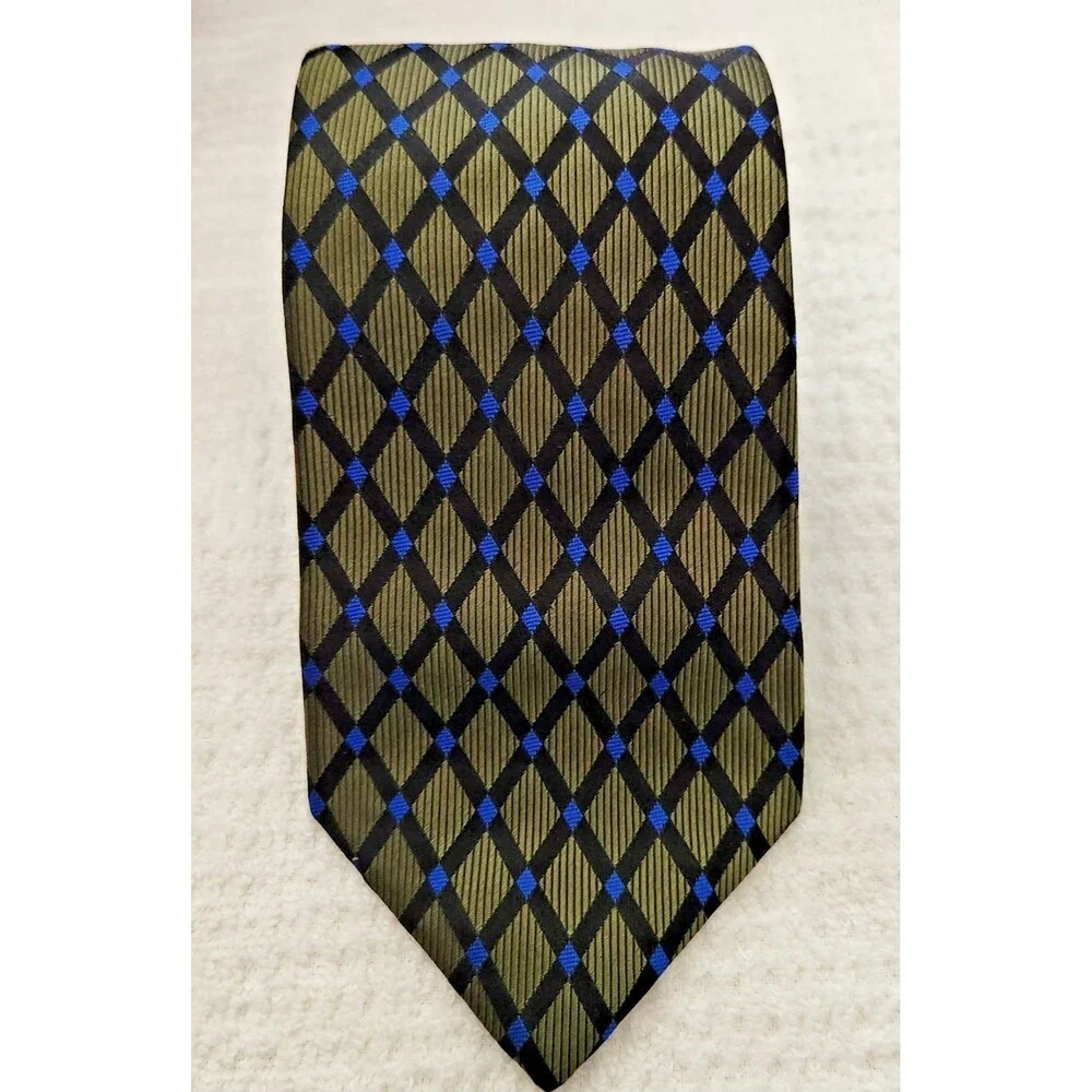 XMI for Nordstrom Men's Tie Silk Green Blue Diamond Pattern Hand Made USA EUC